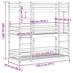 vidaXL Triple Bunk Bed Waxed Brown 90x190 cm Solid Pine Wood