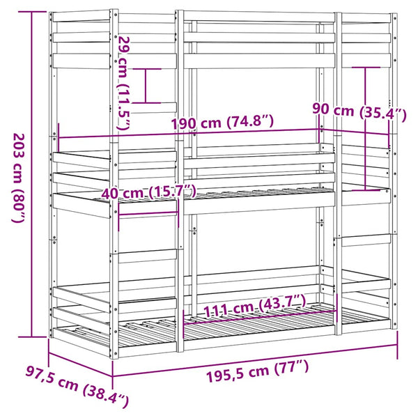 vidaXL Triple Bunk Bed Waxed Brown 90x190 cm Solid Pine Wood