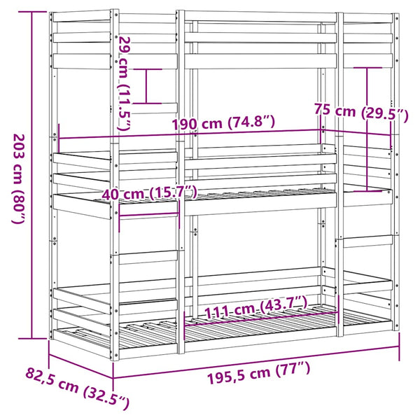 vidaXL Triple Bunk Bed White 75x190 cm Solid Pine Wood