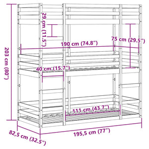 vidaXL Triple Bunk Bed Wax Brown 75x190 cm Solid Pine Wood