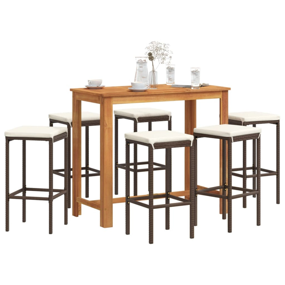 vidaXL 7-Piece Garden Bar Set Brown Solid Acacia Wood and Poly Rattan