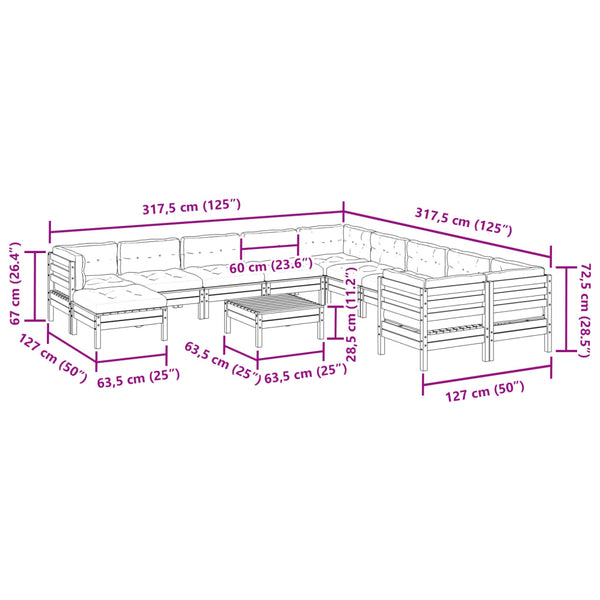 vidaXL 12-piece Garden Sofa Set with Cushions Honey Brown Pine Wood