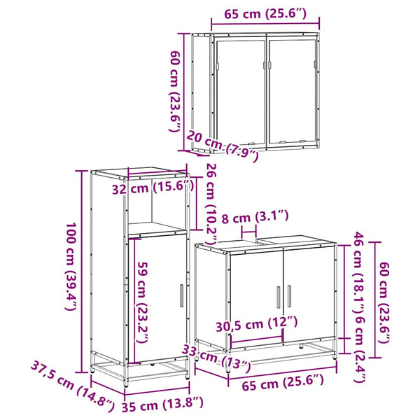 vidaXL 3-Piece Bathroom Furniture Set Sonoma Oak Engineered Wood