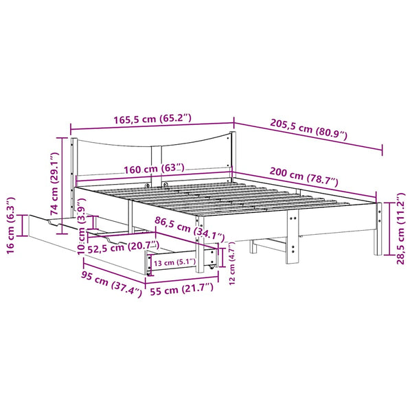 vidaXL Solid Wood Bed with Drawers Waxed Brown 160x200 cm Pine