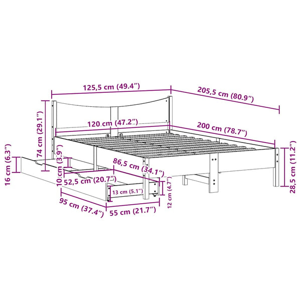 vidaXL Solid Wood Bed with Drawers 120x200 cm Pine