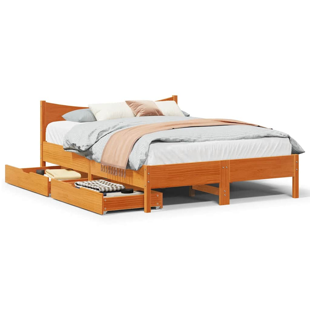 vidaXL Solid Wood Bed with Drawers Waxed Brown 120x200 cm Pine