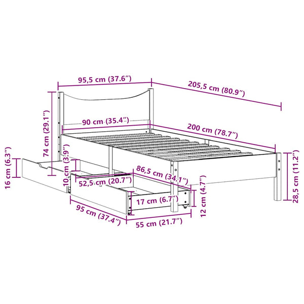 vidaXL Solid Wood Bed with Drawers 90x200 cm Pine