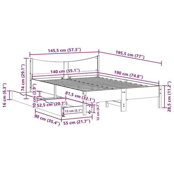 vidaXL Solid Wood Bed with Drawers 140x190 cm Pine