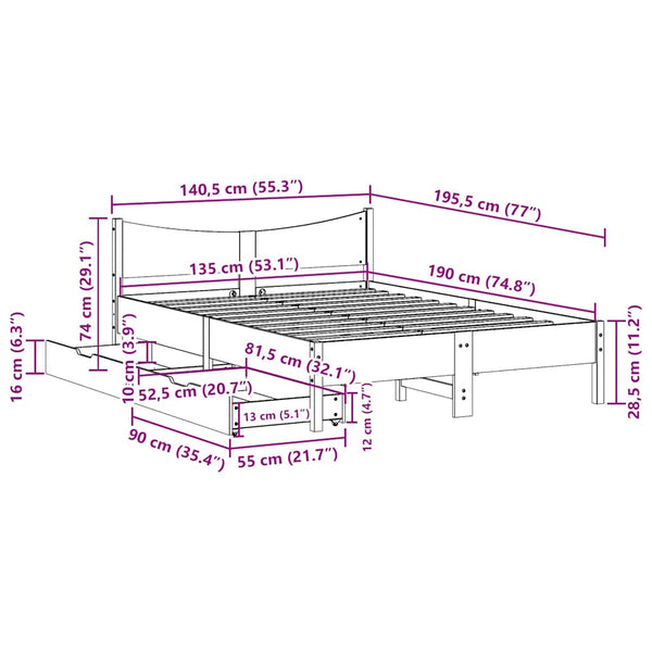 vidaXL Solid Wood Bed with Drawers 135x190 cm Pine