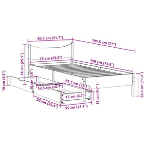 vidaXL Solid Wood Bed with Drawers White 75x190 cm Pine