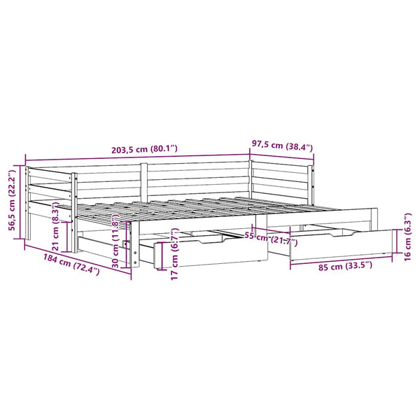 vidaXL Extendable Day Bed with Drawers 90x200 cm Solid Pine Wood