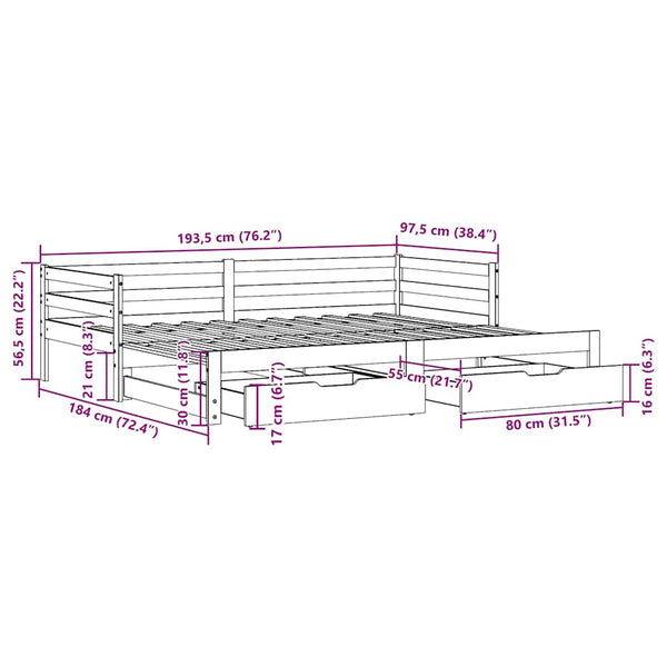 vidaXL Day Bed Extendable with Drawers 90x190 cm Solid Pine