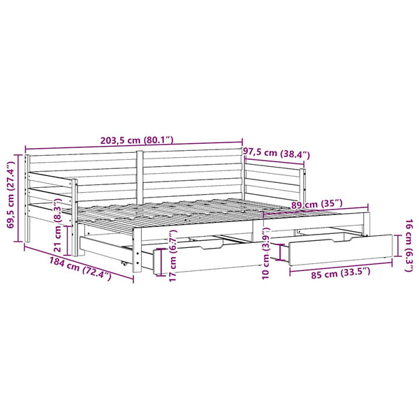 vidaXL Extendable Day Bed with Drawers without Mattress White 90x200cm