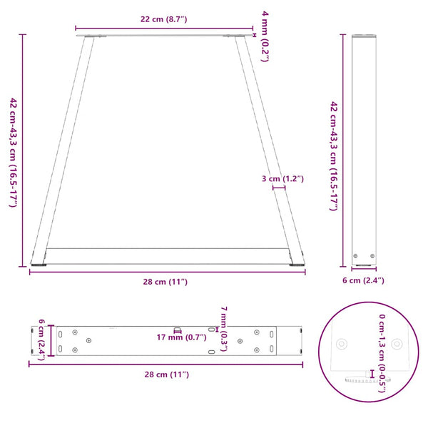 vidaXL Coffee Table Legs V-Shape 2 Pcs Black 28x(42-43.3) cm Steel