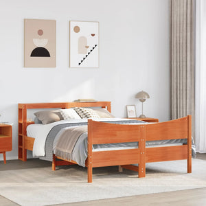 vidaXL Solid Wood Bed with Headboard Wax Brown 135x190 cm Pine
