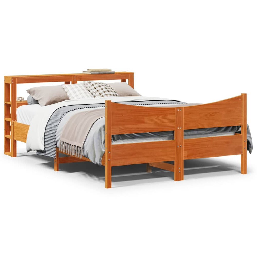 vidaXL Solid Wood Bed with Headboard Wax Brown 135x190 cm Pine