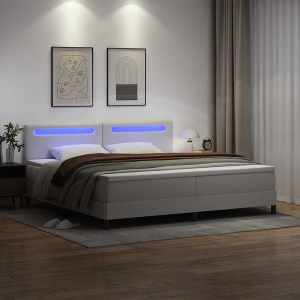 vidaXL Box Spring Bed with Mattress with LED White 200 x 200 cm Faux Leather