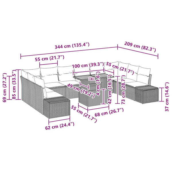 Garten Sofa Set mit Kissen, 11-teilig Schwarz/Braun