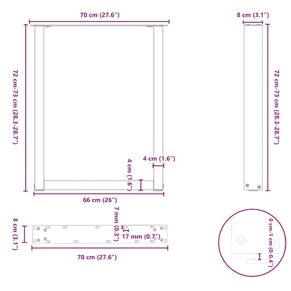 vidaXL Dining Table Legs U-Shape 3 pcs Black 70x(72-73) cm Steel