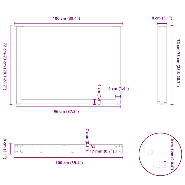 vidaXL Dining Table Legs U-shaped 3 pcs Black 100x(72-73) cm Steel