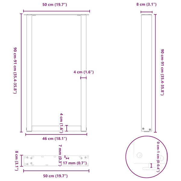 vidaXL Bar Table Legs U-Shaped 2 pcs Black 50x(90-91) cm Steel