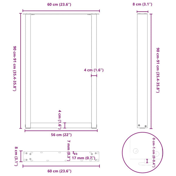 vidaXL Bar Table Legs U-shaped 2 pcs. Untreated Steel 60x(90-91) cm Steel