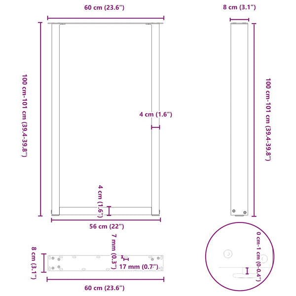 vidaXL Bar Table Legs U-shaped 2 pcs. Raw Steel 60x(100-101) cm Steel