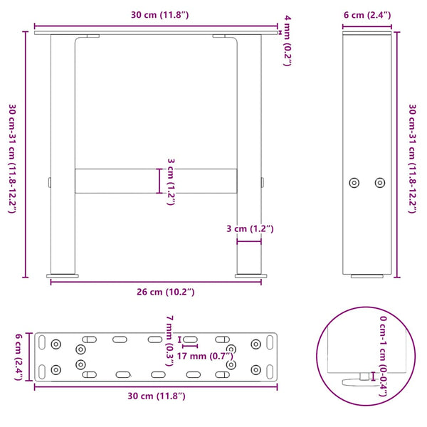 vidaXL Coffee Table Legs Black 2 pcs 30x(30-31) cm Steel