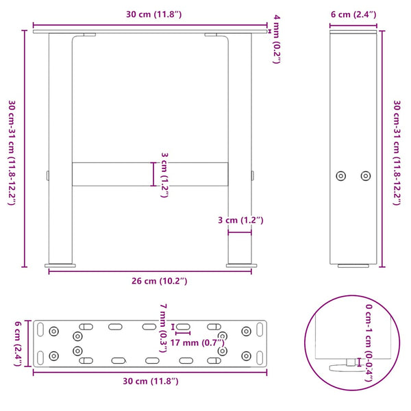 vidaXL Coffee Table Legs Natural Steel 2 pcs. 30x(30-31) cm Steel