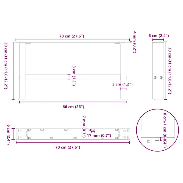 vidaXL Coffee Table Legs Black 2 pcs 70x(30-31) cm Steel