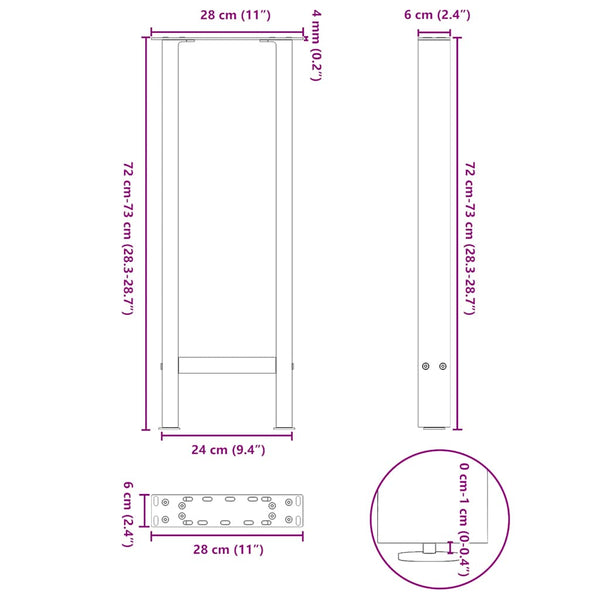 vidaXL Console Table Legs Black 2 pcs. 28x(72-73) cm Steel