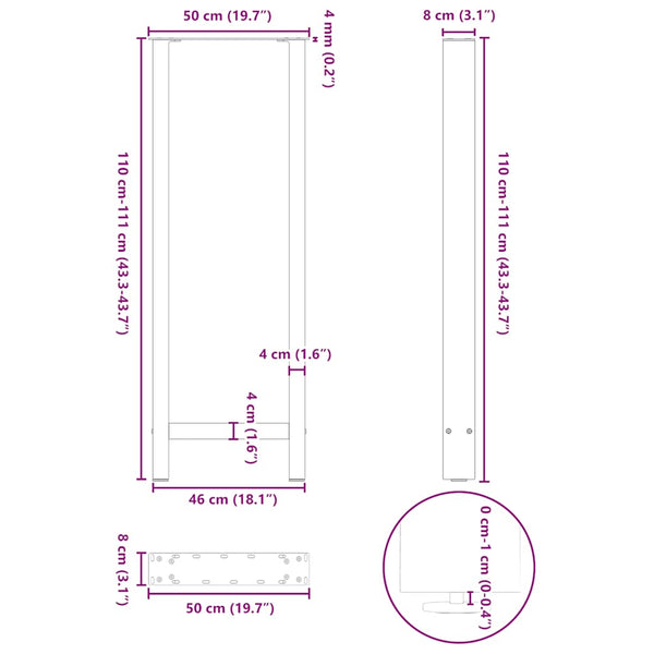 Bartischbeine Schwarz 50x110 cm, 2er Set