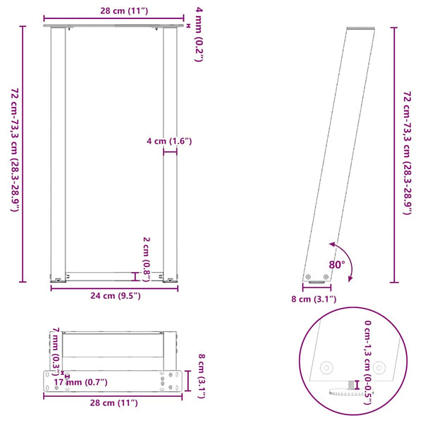 vidaXL Console Table Legs U-Shaped 2 pcs. White 28x(72-73) cm Steel