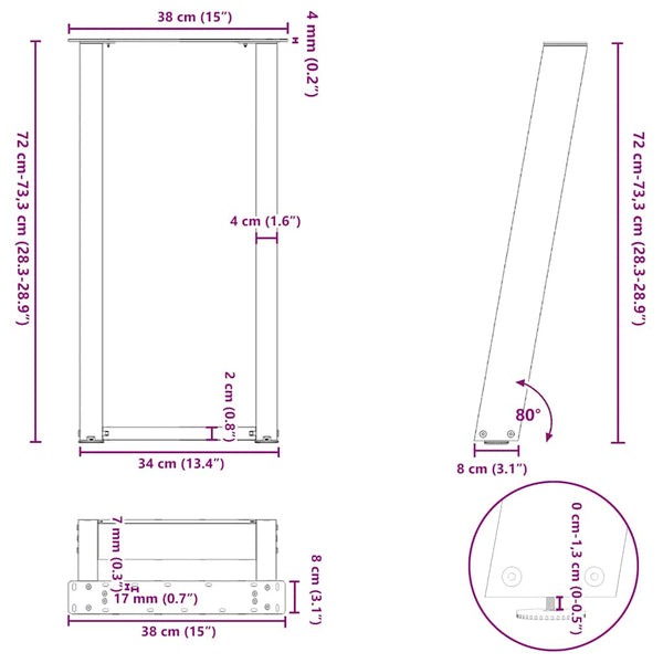 vidaXL Console Table Legs U-Shape 2 pcs. White 38x(72-73) cm Steel