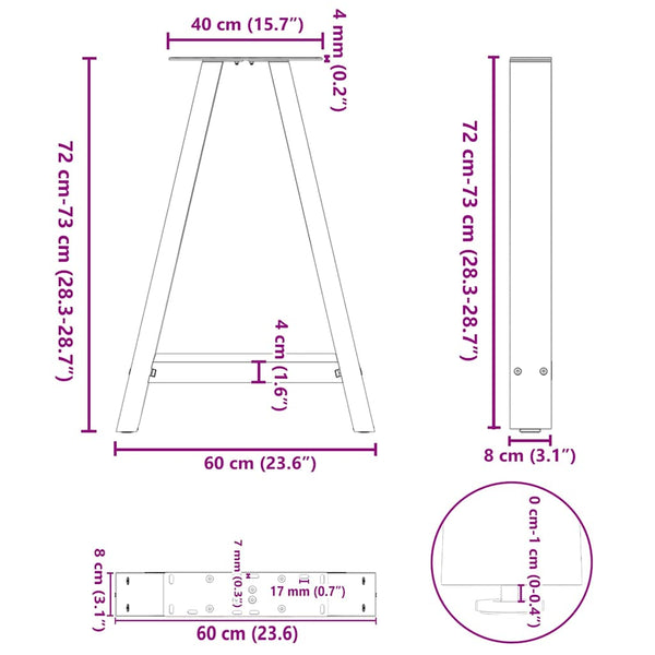 vidaXL Dining Table Legs A-Frame 2 pcs Black 60x(72-73) cm Steel