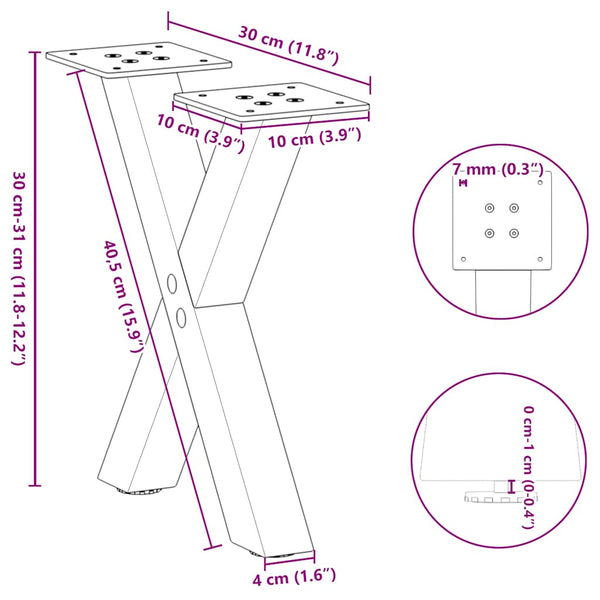 vidaXL Coffee Table Legs X-Shape 2 pcs White 30x(30-31) cm Steel