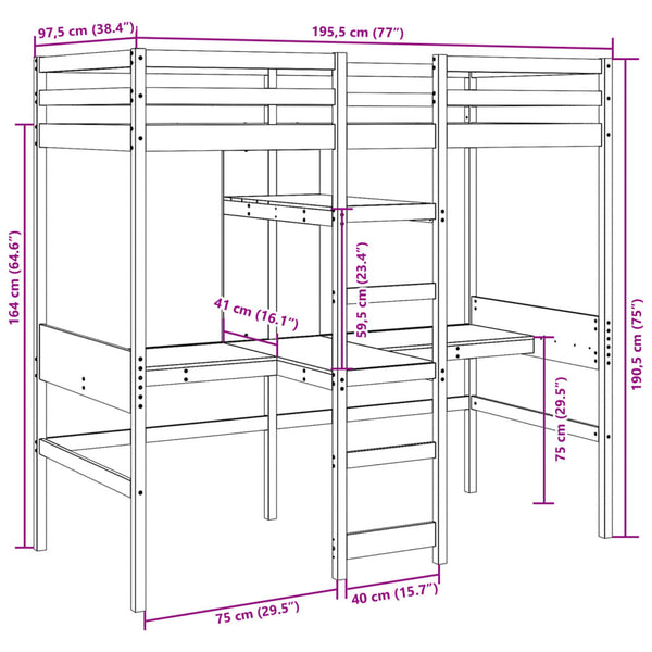 vidaXL Loft Bed Frame No Mattress White 90x190 cm Solid Pine Wood