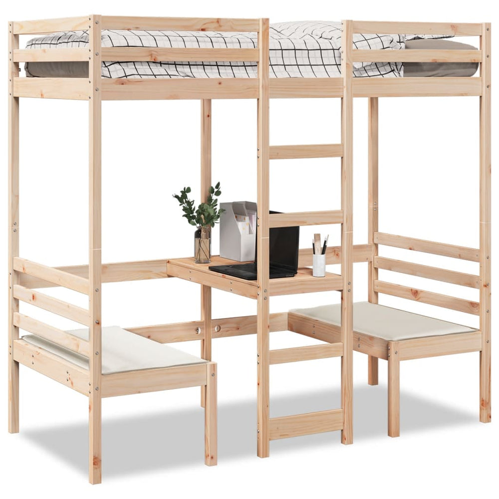 vidaXL Loft Bed with Desk & Chairs 90x200 cm Solid Pine Wood