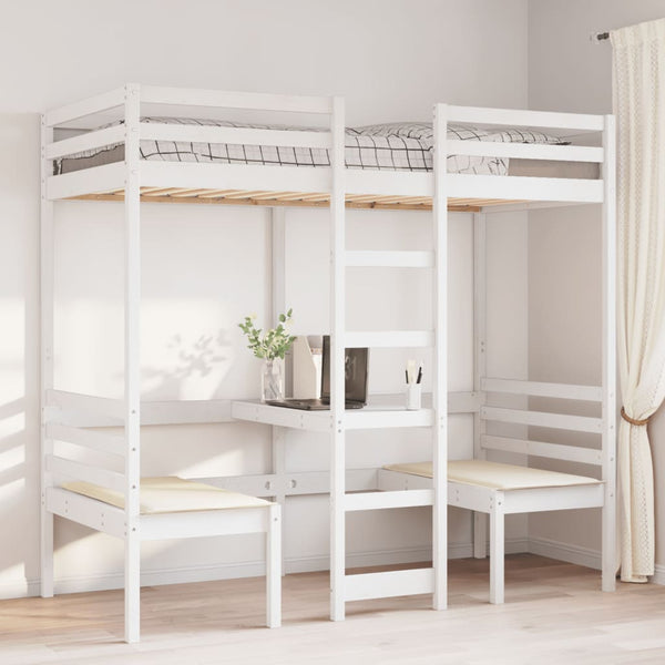vidaXL Loft Bed with Desk & Chairs White 90x200 cm Pine Wood