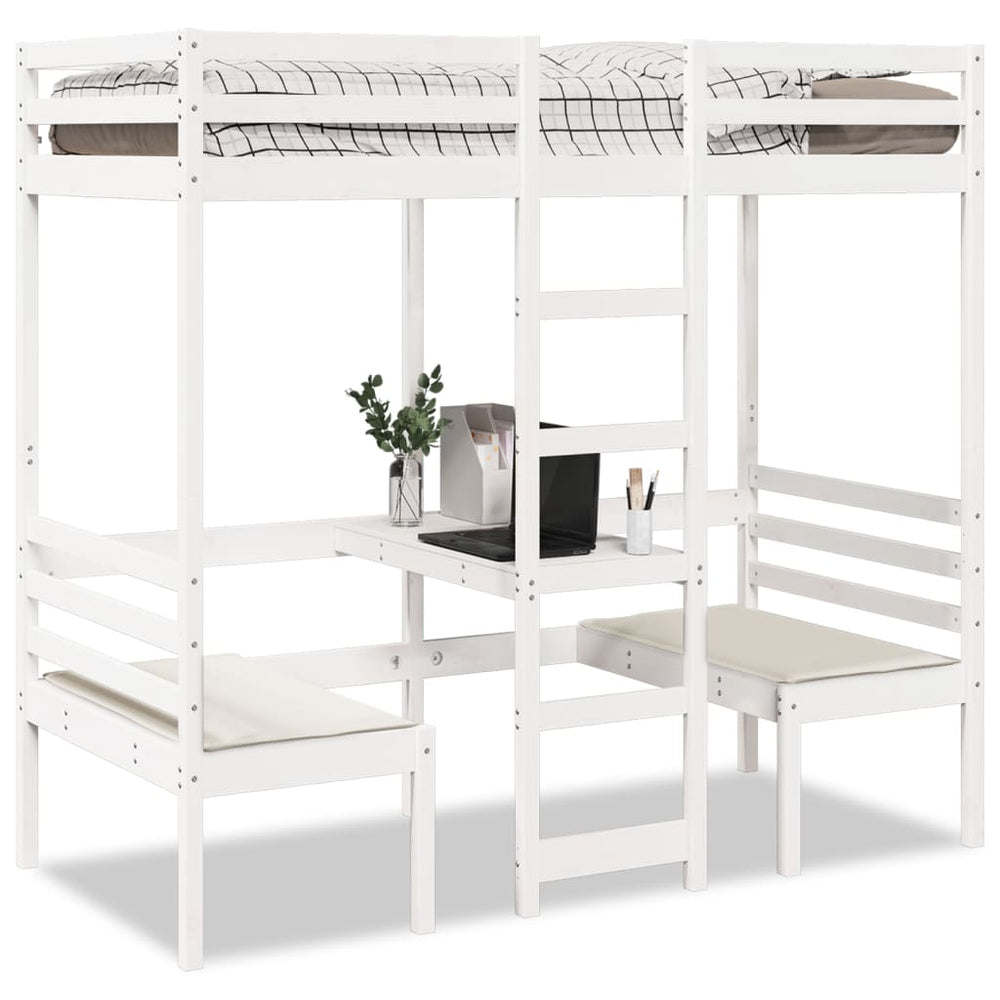 vidaXL Loft Bed with Desk & Chairs White 90x200 cm Pine Wood