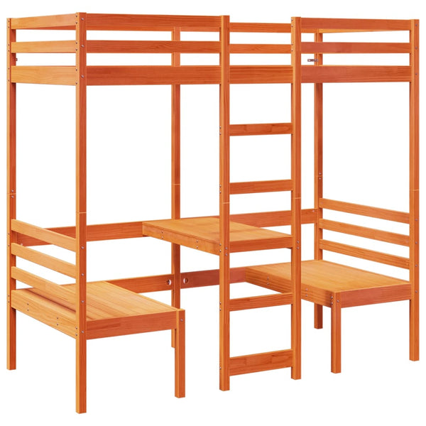 vidaXL Loft Bed with Desk & Chairs Brown 90x200 cm Pine Wood
