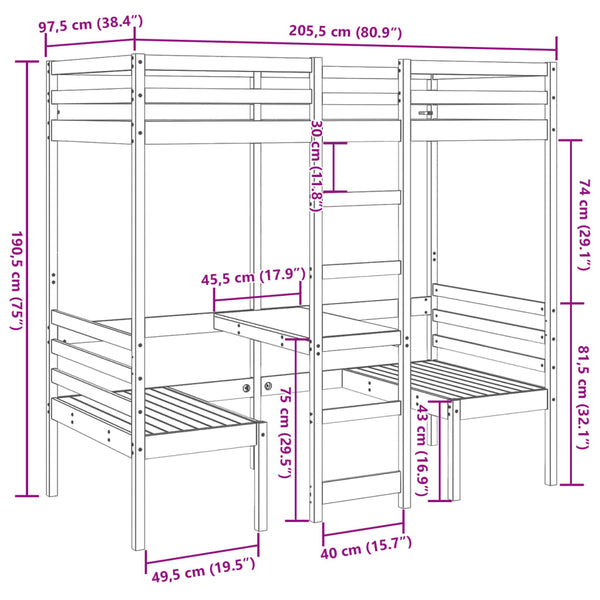 vidaXL Loft Bed with Desk & Chairs Brown 90x200 cm Pine Wood