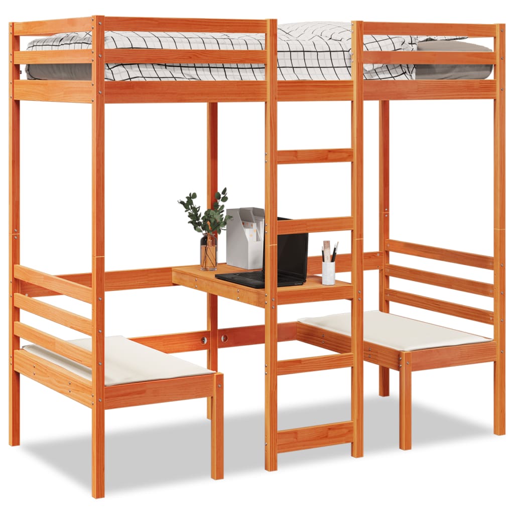 vidaXL Loft Bed with Desk & Chairs Brown 90x200 cm Pine Wood