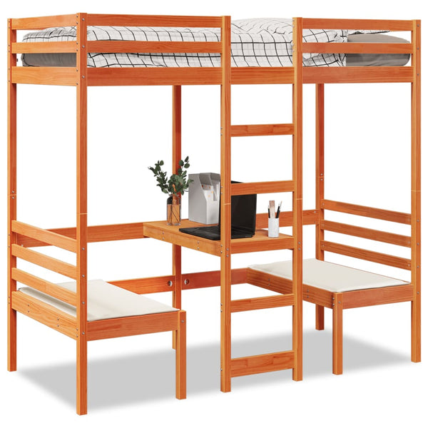 vidaXL Loft Bed with Desk & Chairs Brown 90x200 cm Pine Wood