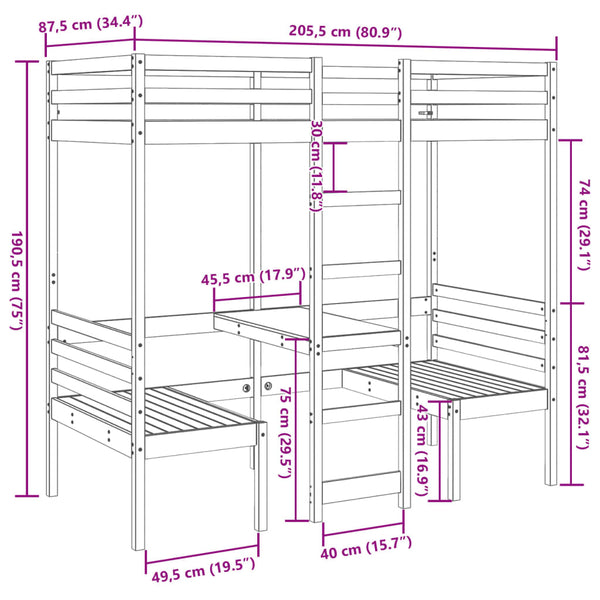 vidaXL Loft Bed with Desk & Chairs White 80x200 cm Pine Wood