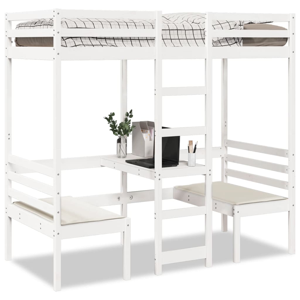 vidaXL Loft Bed with Desk & Chairs White 80x200 cm Pine Wood