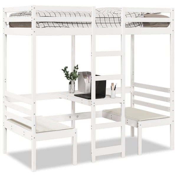 vidaXL Loft Bed with Desk & Chairs White 80x200 cm Pine Wood