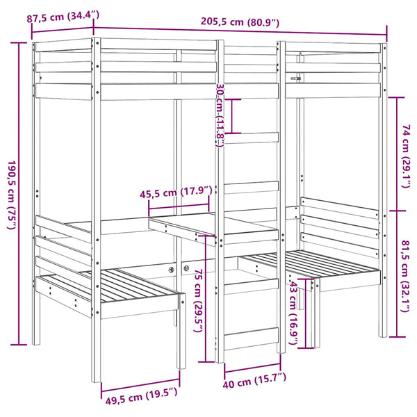 vidaXL Loft Bed with Desk & Chairs Brown 80x200 cm Pinewood