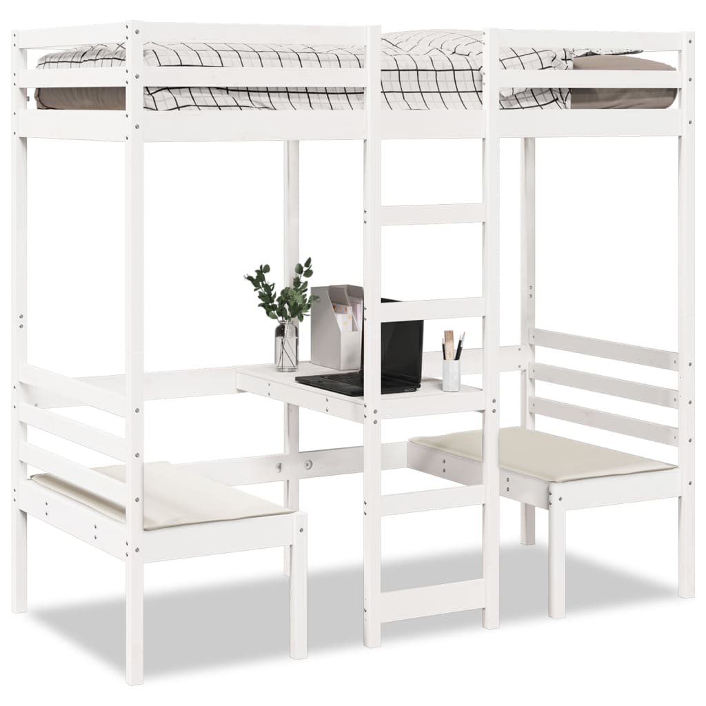 vidaXL Loft Bed with Desk & Chairs White 90x190 cm Pine Wood