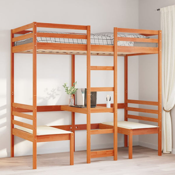 vidaXL Loft Bed with Desk & Chairs Brown 90x190 cm Pine Wood
